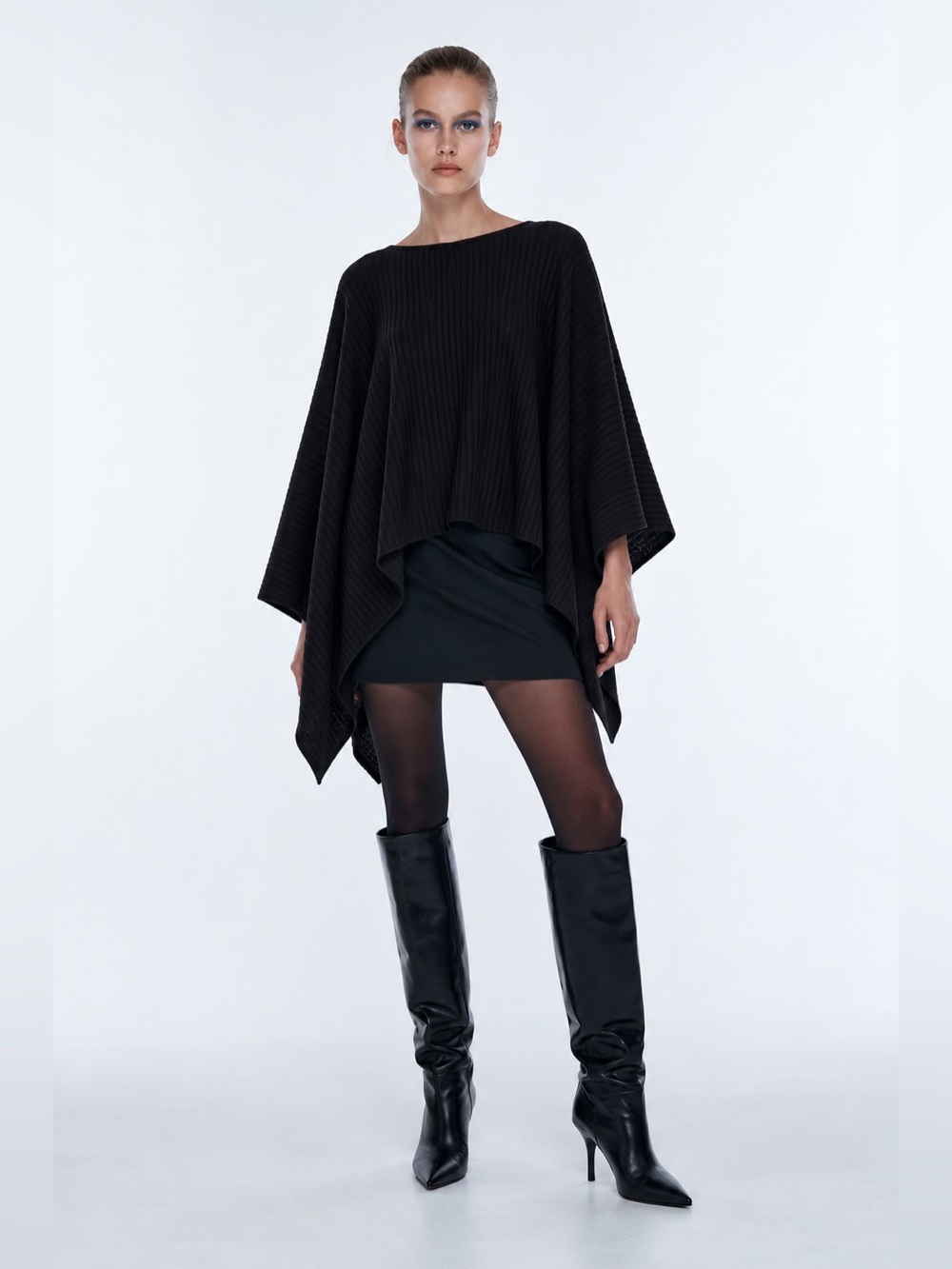 Zara Asymmetric Ribbed Knit Cape/Poncho Sweater in black